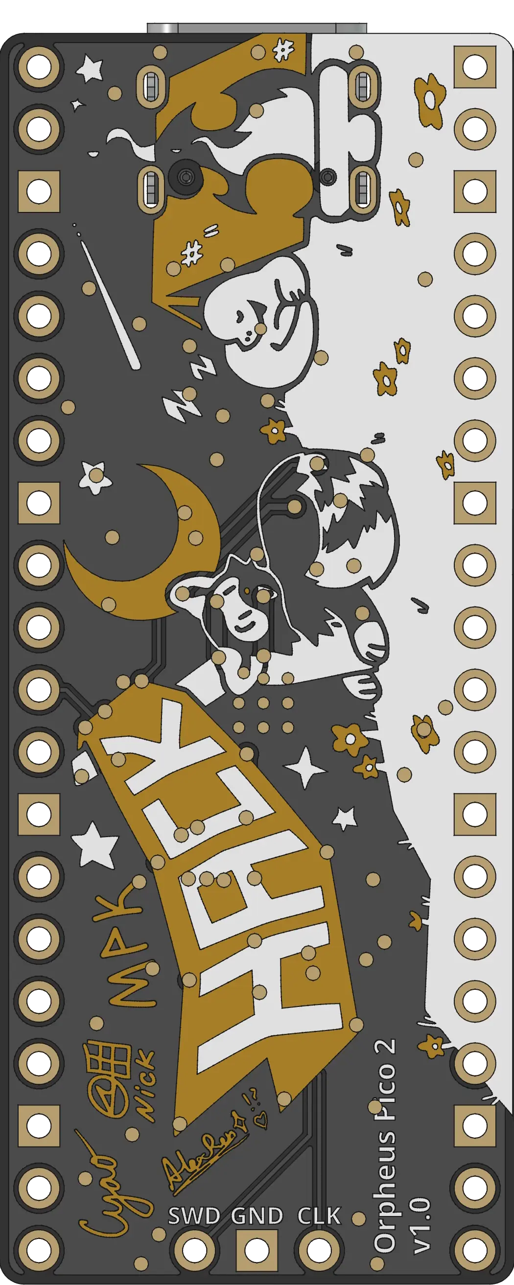 Orpheus Pico with the micro USB port facing downwards, standing bottom-up on its GPIO pins.