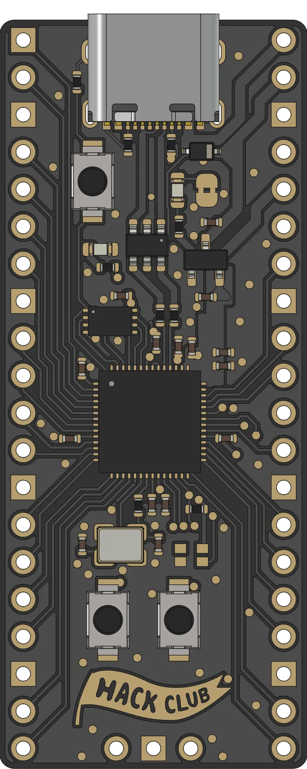 Orpheus Pico with the micro USB port facing upwards, standing face-up on its GPIO pins.
